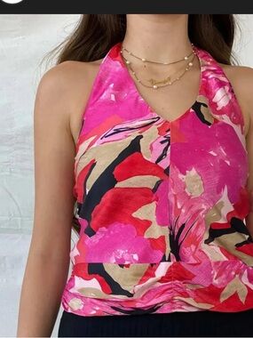 Banana Republic Pink and Black Floral Silk Halter Top